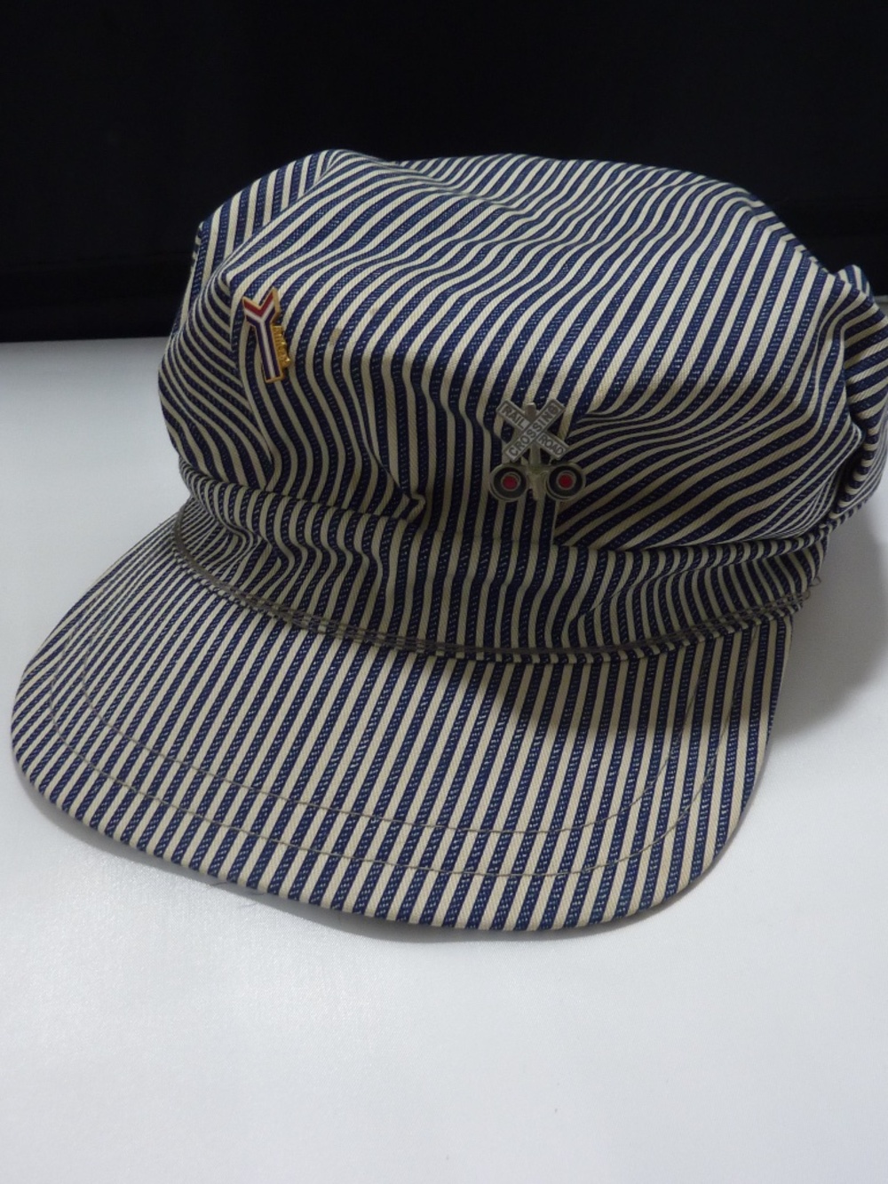 Vintage Made In USA Cotton Pinstriped Conductor Hat Cap WITH 2 PINS FITTED